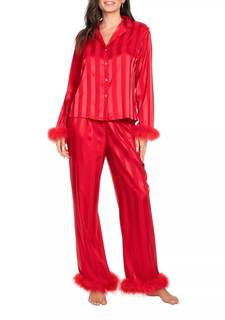 Lordree Women Satin Pajamas Set Feather Trim Long Sleeve Shirt + Pants Heart Print Silk 2…