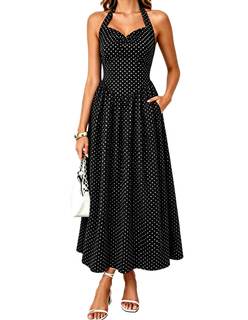 Women's Vintage Polka Dot Halter A-Line Maxi… — Medium / Black Polka Dot