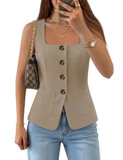 ZESICA Womens Business Casual Sleeveless Suit… — Khaki / X-Large
